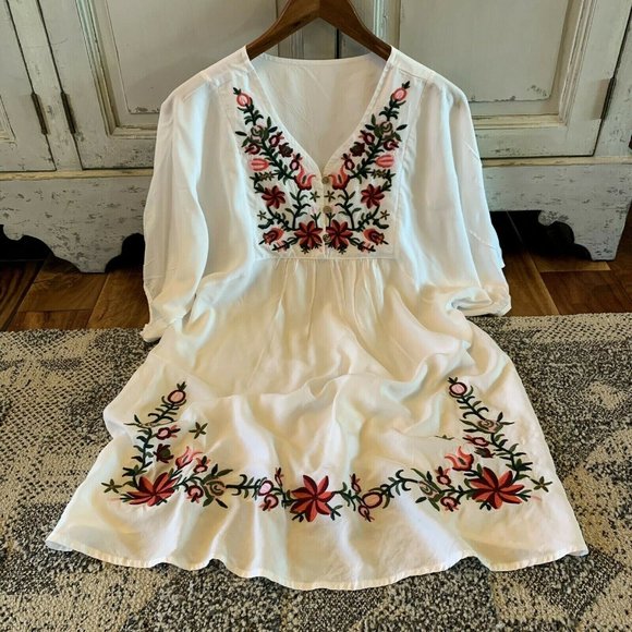 Figleaffashion Dresses & Skirts - New Boho Floral Embroidered White Tunic Dress